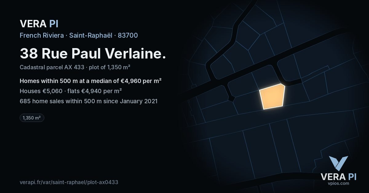 38 Rue Paul Verlaine, Saint-Raphaël at night – the plot lit, the parcels around coloured by the prices near them