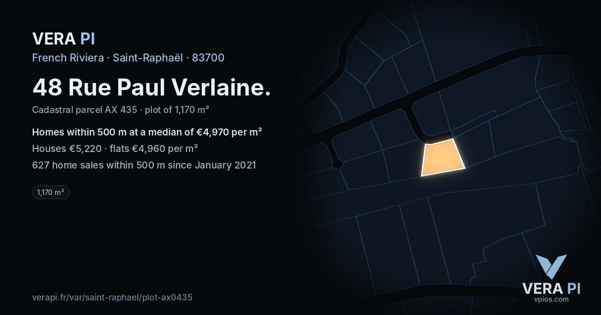 48 Rue Paul Verlaine, Saint-Raphaël at night – the plot lit, the parcels around coloured by the prices near them