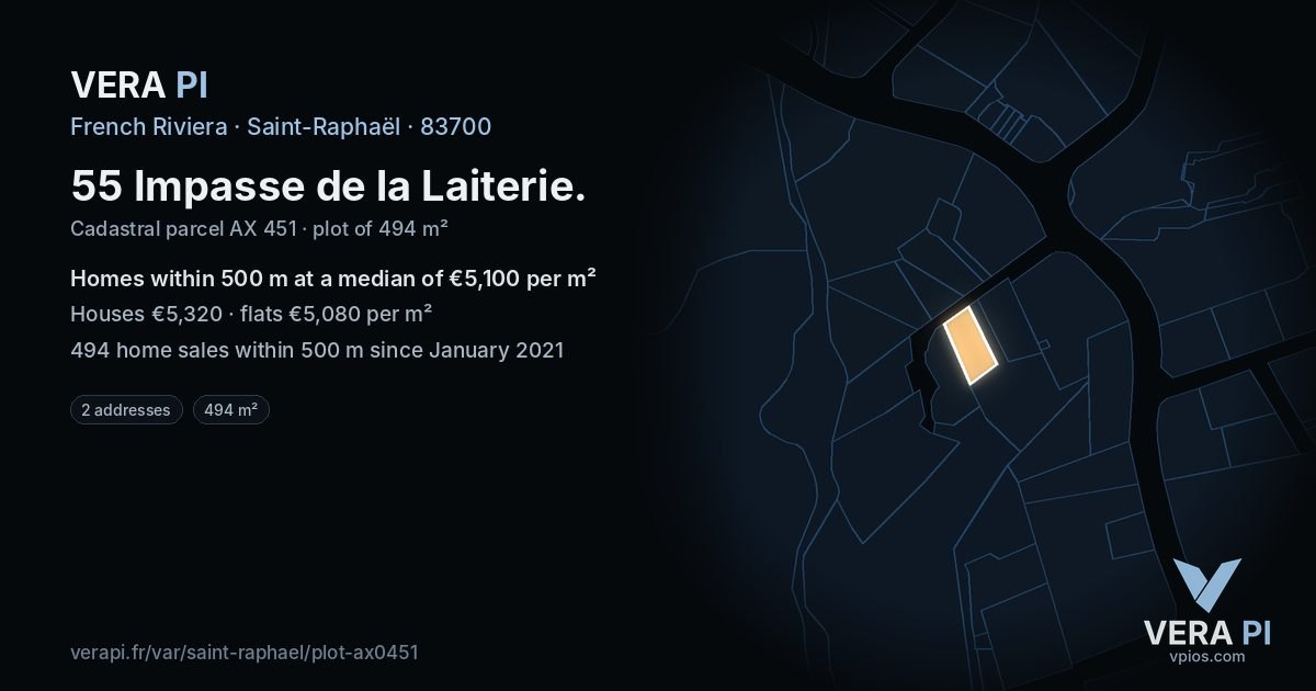 55 Impasse de la Laiterie, Saint-Raphaël at night – the plot lit, the parcels around coloured by the prices near them