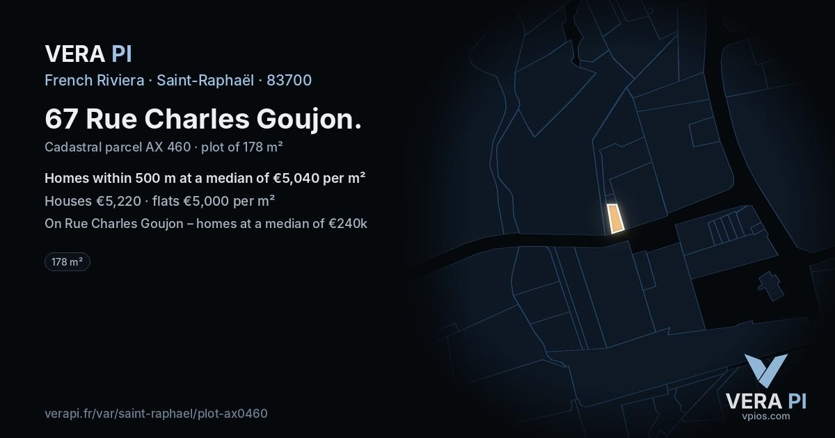 67 Rue Charles Goujon, Saint-Raphaël at night – the plot lit, the parcels around coloured by the prices near them