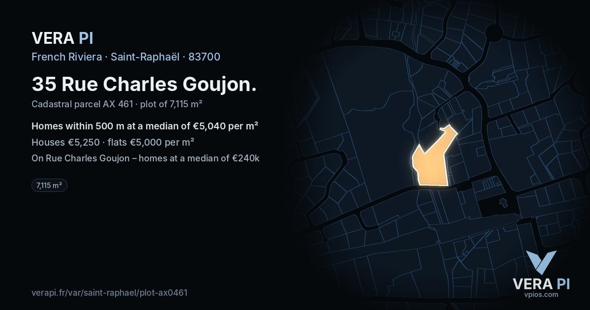 35 Rue Charles Goujon, Saint-Raphaël at night – the plot lit, the parcels around coloured by the prices near them