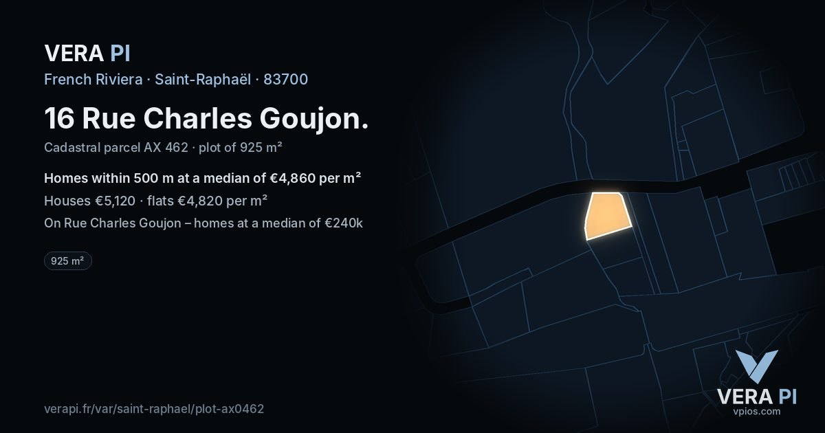 16 Rue Charles Goujon, Saint-Raphaël at night – the plot lit, the parcels around coloured by the prices near them