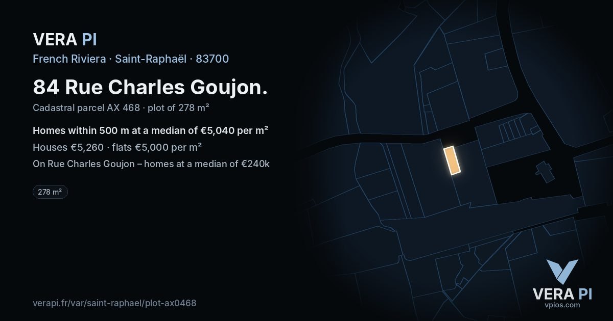 84 Rue Charles Goujon, Saint-Raphaël at night – the plot lit, the parcels around coloured by the prices near them