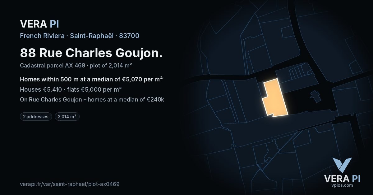 88 Rue Charles Goujon, Saint-Raphaël at night – the plot lit, the parcels around coloured by the prices near them