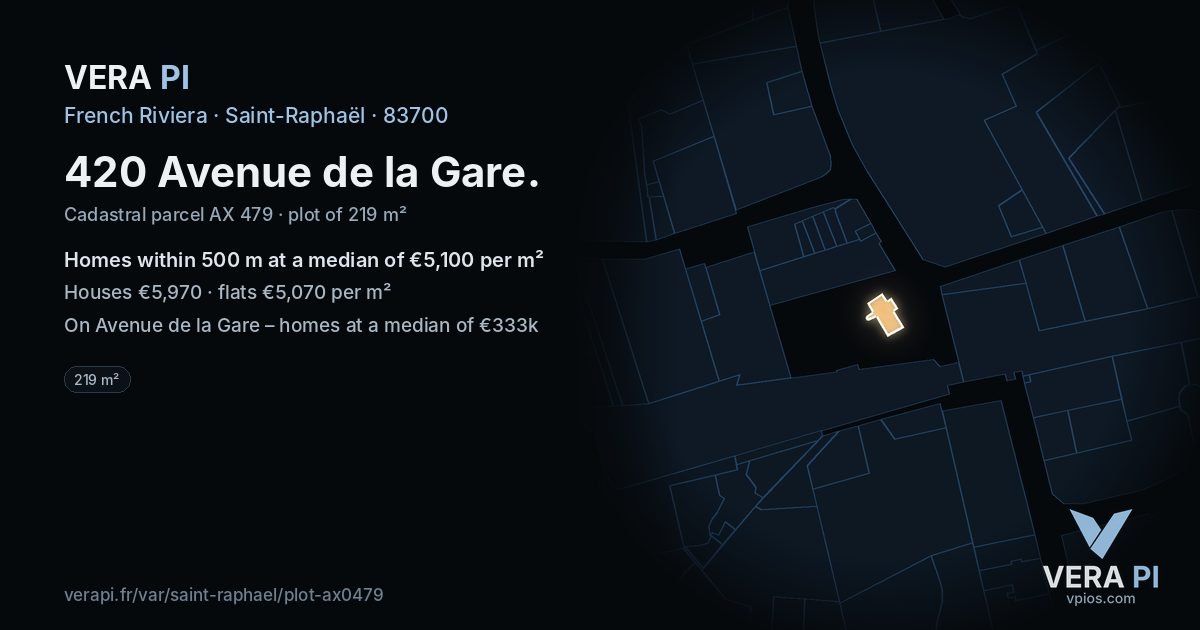 420 Avenue de la Gare, Saint-Raphaël at night – the plot lit, the parcels around coloured by the prices near them