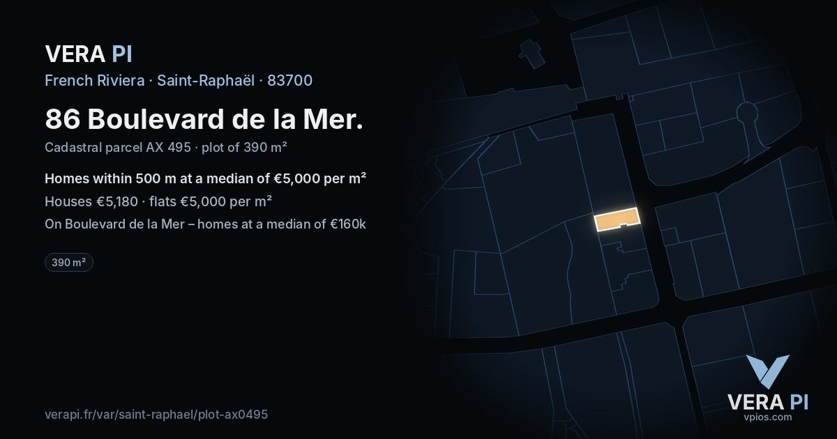 86 Boulevard de la Mer, Saint-Raphaël at night – the plot lit, the parcels around coloured by the prices near them