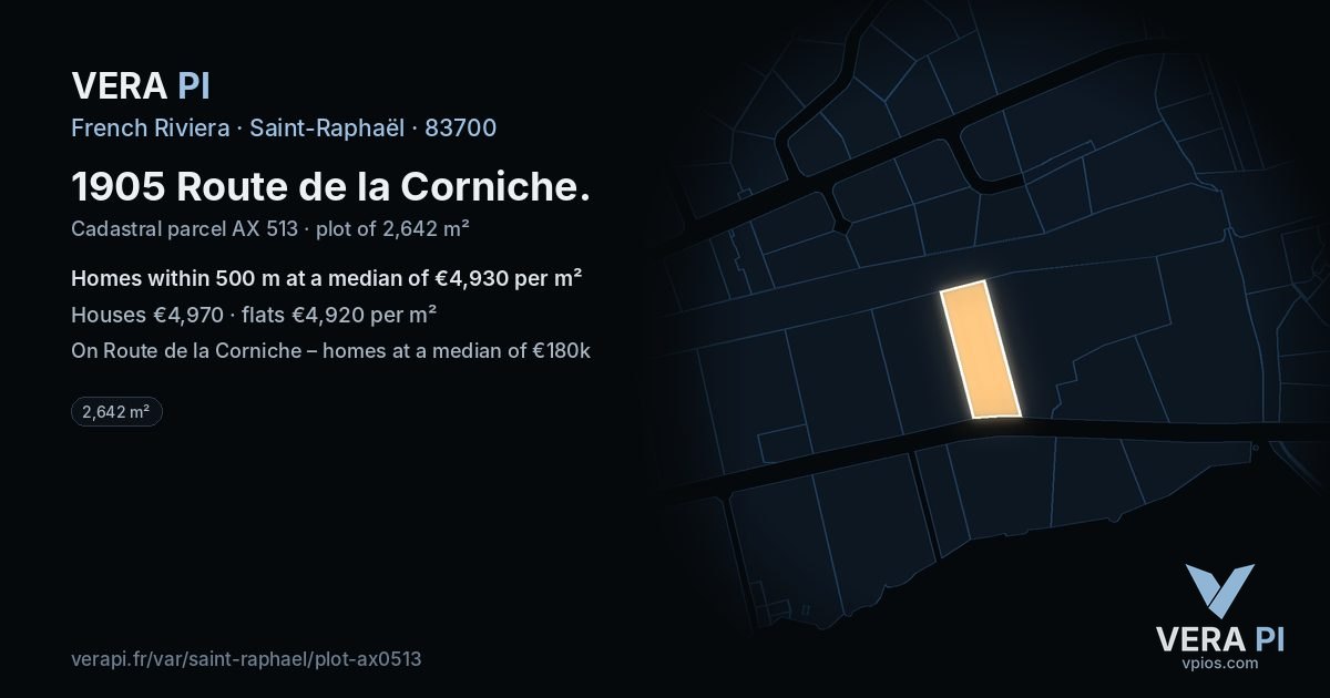 1905 Route de la Corniche, Saint-Raphaël at night – the plot lit, the parcels around coloured by the prices near them