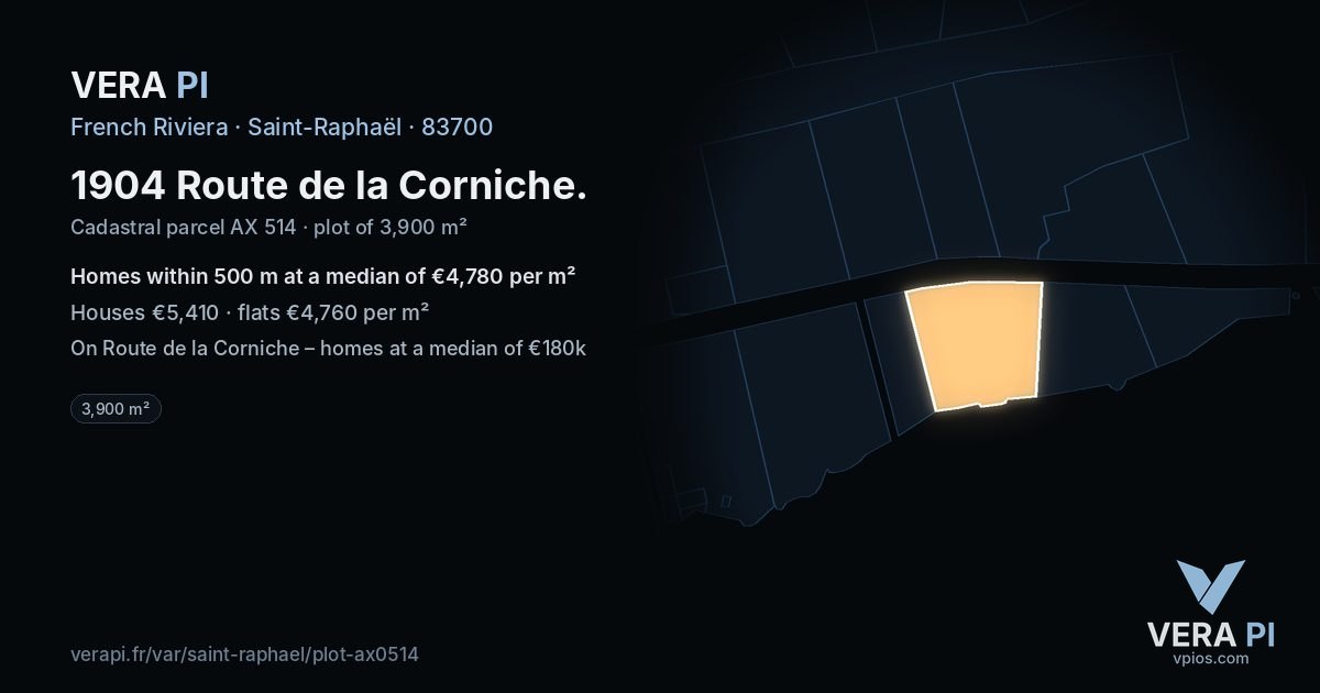 1904 Route de la Corniche, Saint-Raphaël at night – the plot lit, the parcels around coloured by the prices near them