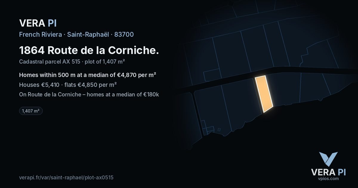1864 Route de la Corniche, Saint-Raphaël at night – the plot lit, the parcels around coloured by the prices near them