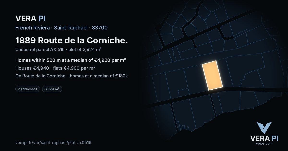 1889 Route de la Corniche, Saint-Raphaël at night – the plot lit, the parcels around coloured by the prices near them
