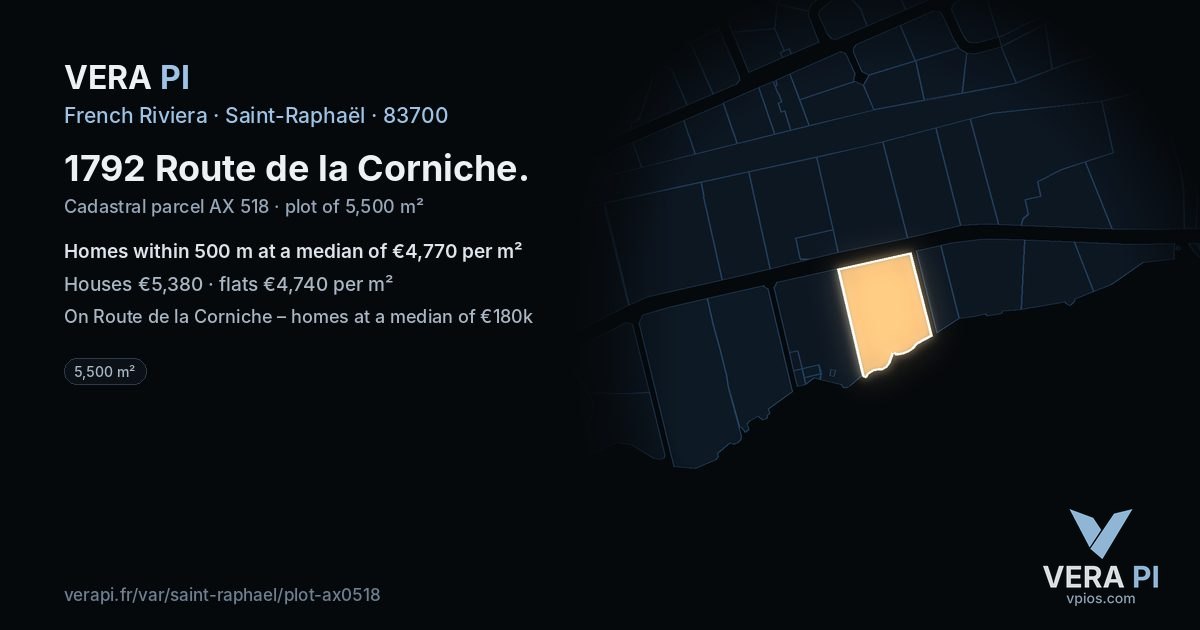1792 Route de la Corniche, Saint-Raphaël at night – the plot lit, the parcels around coloured by the prices near them