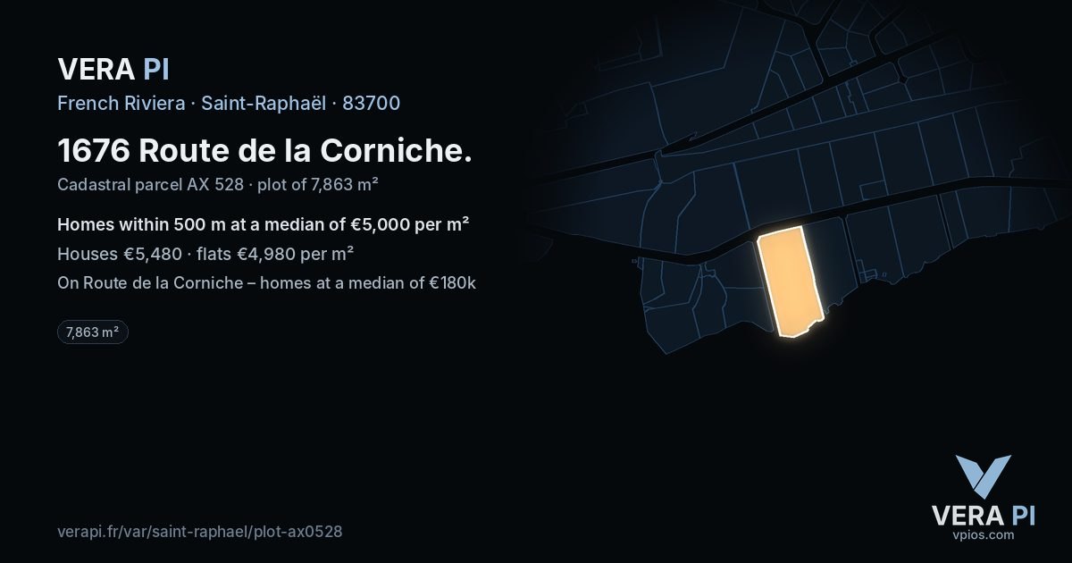 1676 Route de la Corniche, Saint-Raphaël at night – the plot lit, the parcels around coloured by the prices near them