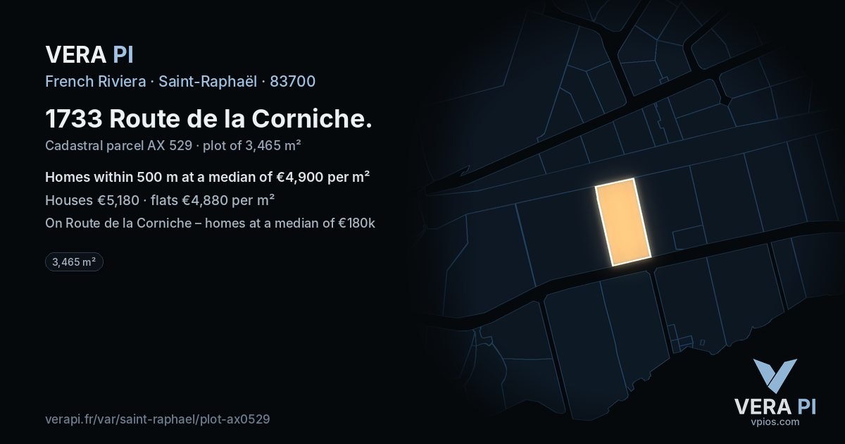 1733 Route de la Corniche, Saint-Raphaël at night – the plot lit, the parcels around coloured by the prices near them