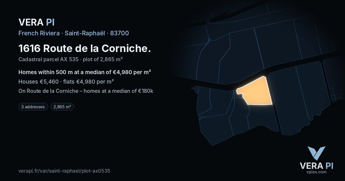 1616 Route de la Corniche, Saint-Raphaël at night – the plot lit, the parcels around coloured by the prices near them