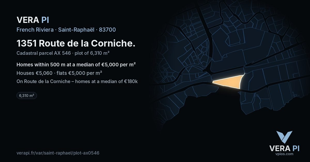 1351 Route de la Corniche, Saint-Raphaël at night – the plot lit, the parcels around coloured by the prices near them