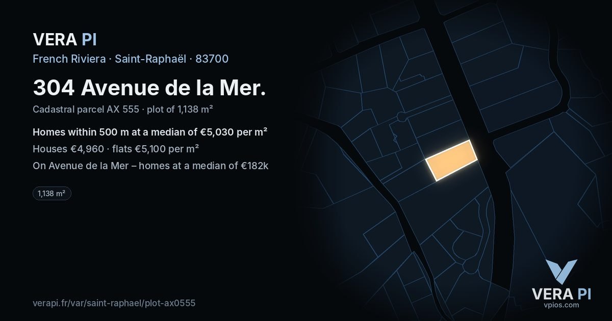 304 Avenue de la Mer, Saint-Raphaël at night – the plot lit, the parcels around coloured by the prices near them