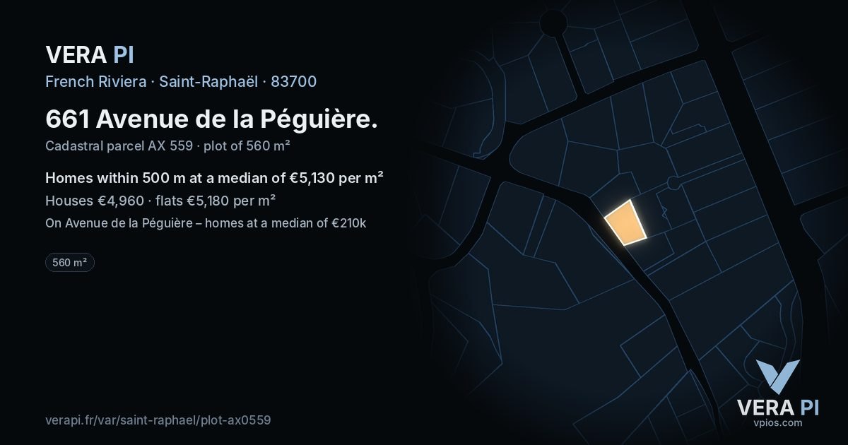 661 Avenue de la Péguière, Saint-Raphaël at night – the plot lit, the parcels around coloured by the prices near them