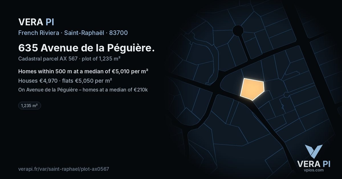 635 Avenue de la Péguière, Saint-Raphaël at night – the plot lit, the parcels around coloured by the prices near them