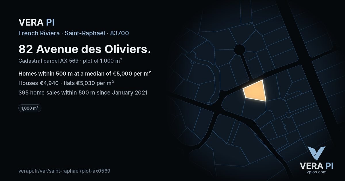 82 Avenue des Oliviers, Saint-Raphaël at night – the plot lit, the parcels around coloured by the prices near them