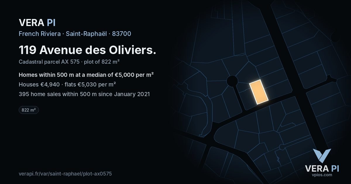 119 Avenue des Oliviers, Saint-Raphaël at night – the plot lit, the parcels around coloured by the prices near them