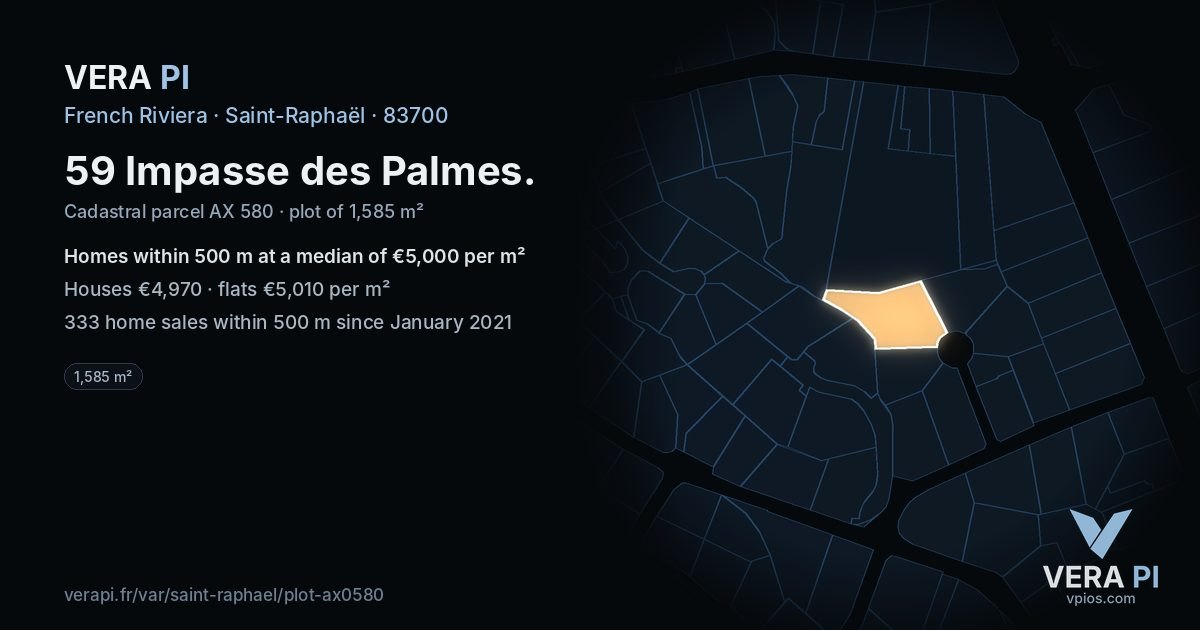 59 Impasse des Palmes, Saint-Raphaël at night – the plot lit, the parcels around coloured by the prices near them