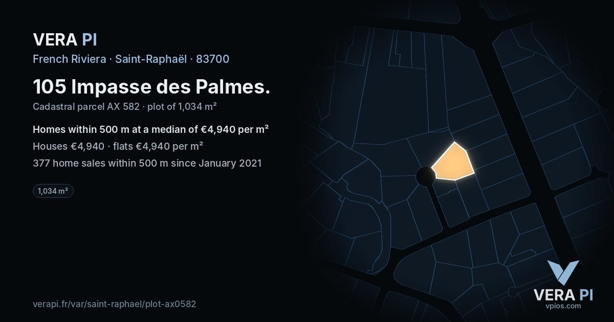 105 Impasse des Palmes, Saint-Raphaël at night – the plot lit, the parcels around coloured by the prices near them
