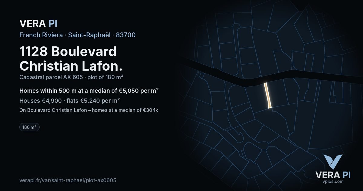 1128 Boulevard Christian Lafon, Saint-Raphaël at night – the plot lit, the parcels around coloured by the prices near them