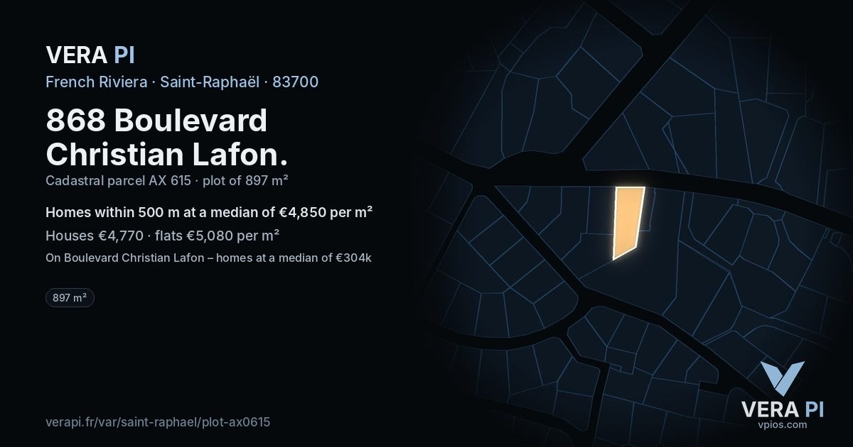 868 Boulevard Christian Lafon, Saint-Raphaël at night – the plot lit, the parcels around coloured by the prices near them