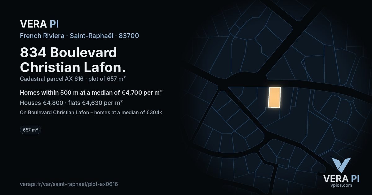834 Boulevard Christian Lafon, Saint-Raphaël at night – the plot lit, the parcels around coloured by the prices near them