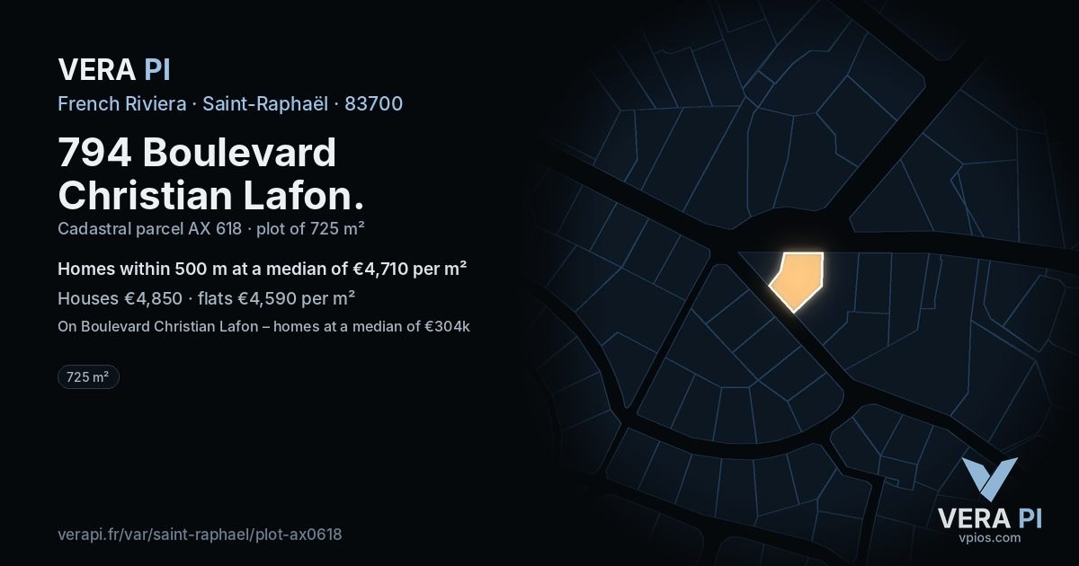 794 Boulevard Christian Lafon, Saint-Raphaël at night – the plot lit, the parcels around coloured by the prices near them
