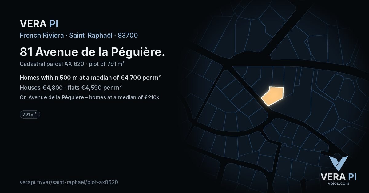81 Avenue de la Péguière, Saint-Raphaël at night – the plot lit, the parcels around coloured by the prices near them