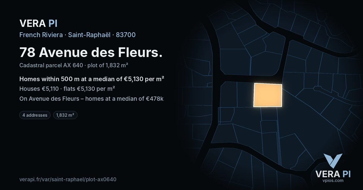 78 Avenue des Fleurs, Saint-Raphaël at night – the plot lit, the parcels around coloured by the prices near them