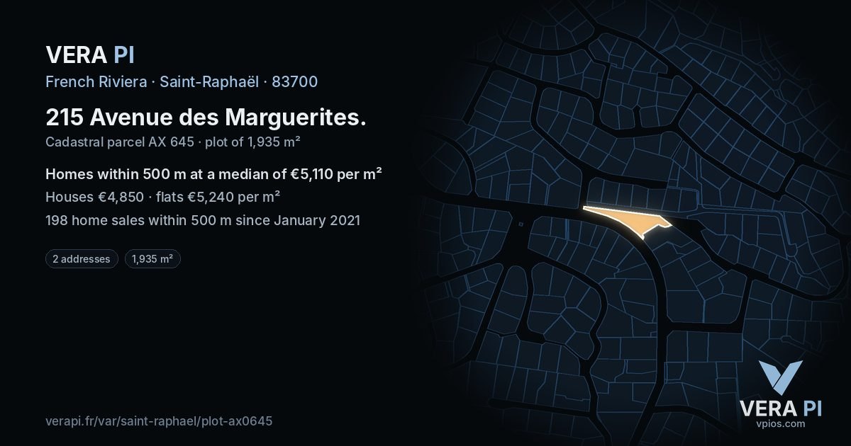 215 Avenue des Marguerites, Saint-Raphaël at night – the plot lit, the parcels around coloured by the prices near them
