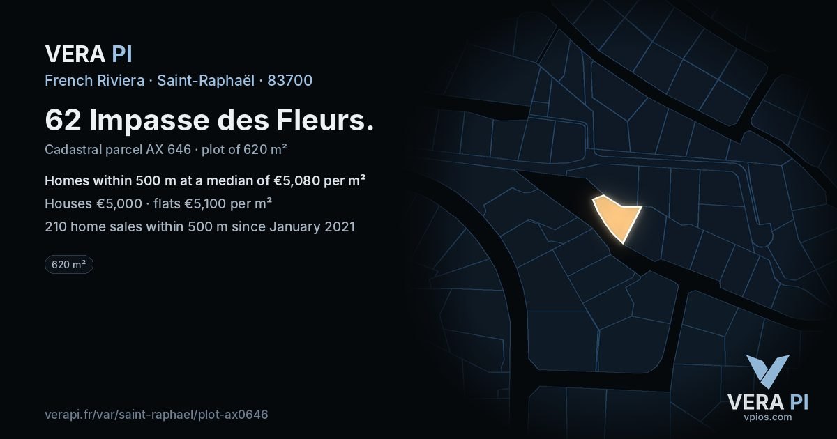 62 Impasse des Fleurs, Saint-Raphaël at night – the plot lit, the parcels around coloured by the prices near them