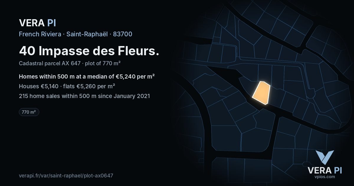 40 Impasse des Fleurs, Saint-Raphaël at night – the plot lit, the parcels around coloured by the prices near them