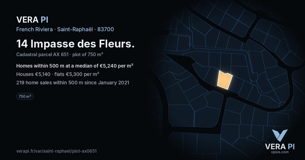 14 Impasse des Fleurs, Saint-Raphaël at night – the plot lit, the parcels around coloured by the prices near them