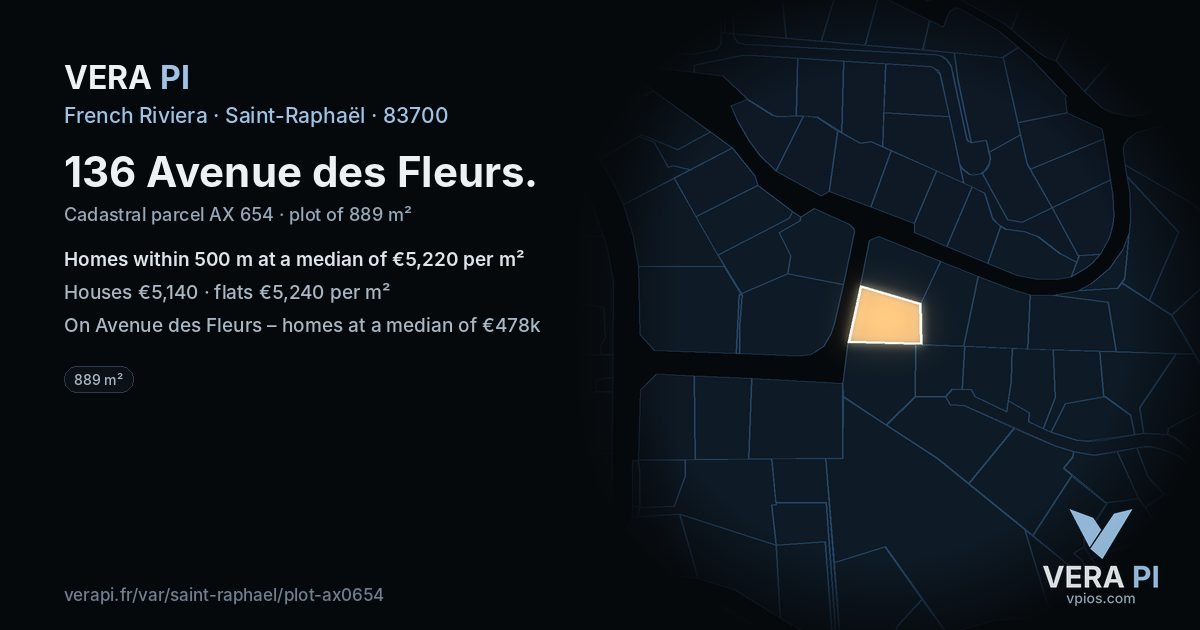 136 Avenue des Fleurs, Saint-Raphaël at night – the plot lit, the parcels around coloured by the prices near them