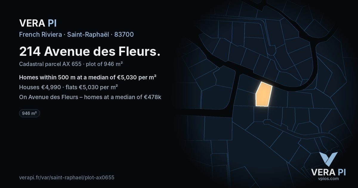 214 Avenue des Fleurs, Saint-Raphaël at night – the plot lit, the parcels around coloured by the prices near them