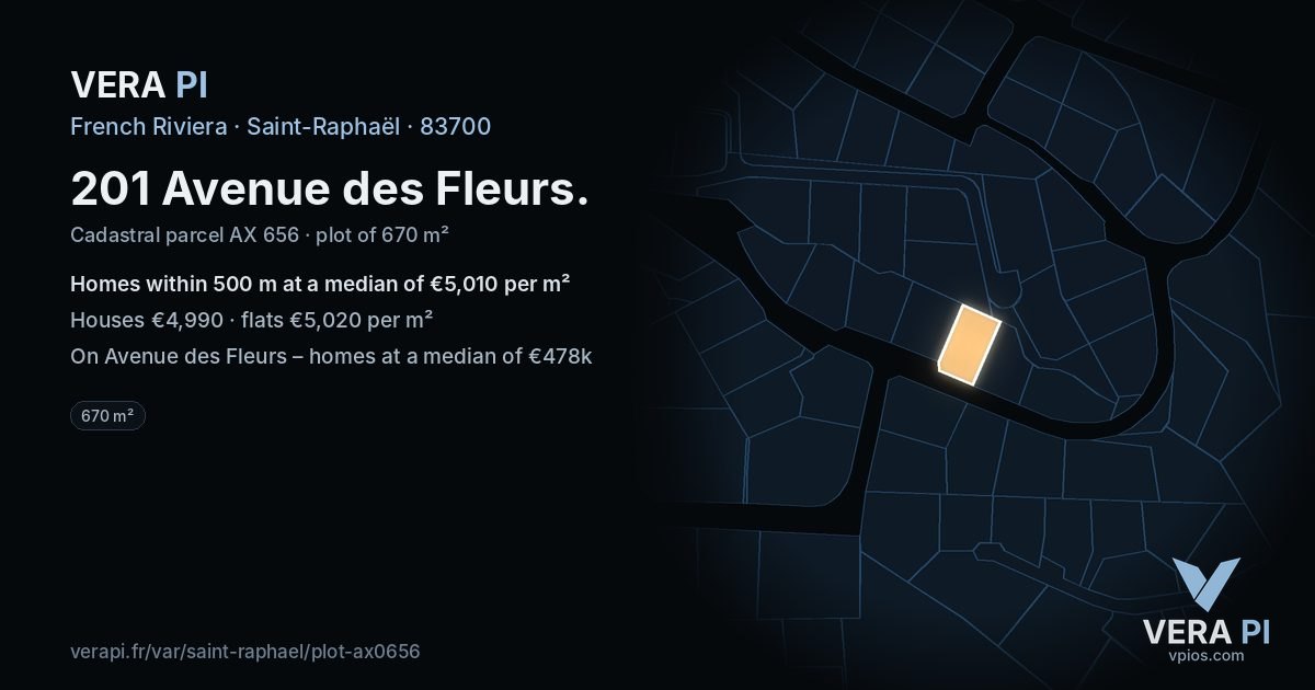 201 Avenue des Fleurs, Saint-Raphaël at night – the plot lit, the parcels around coloured by the prices near them