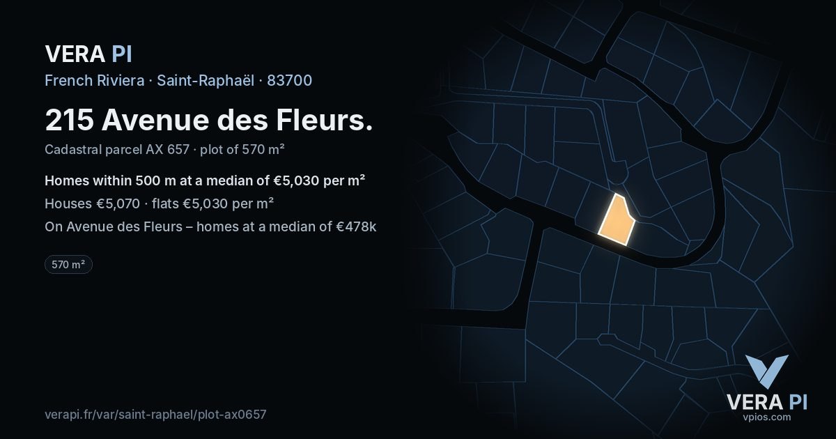 215 Avenue des Fleurs, Saint-Raphaël at night – the plot lit, the parcels around coloured by the prices near them