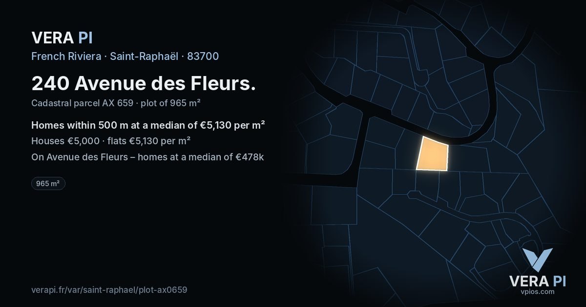 240 Avenue des Fleurs, Saint-Raphaël at night – the plot lit, the parcels around coloured by the prices near them