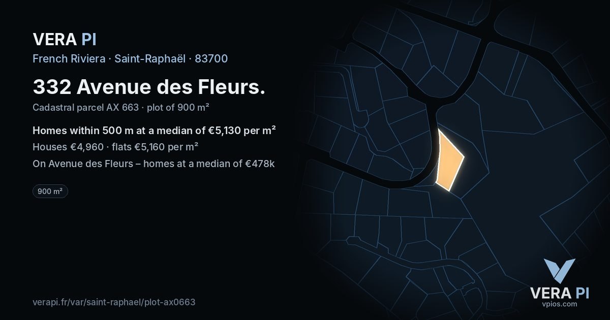 332 Avenue des Fleurs, Saint-Raphaël at night – the plot lit, the parcels around coloured by the prices near them
