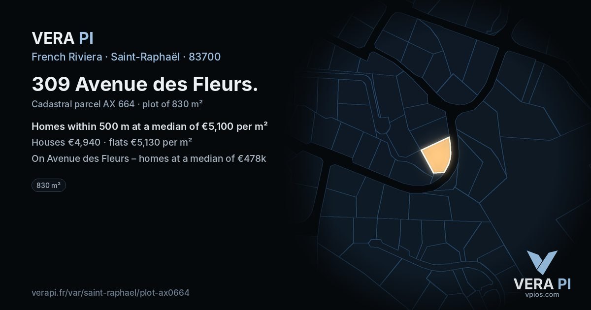 309 Avenue des Fleurs, Saint-Raphaël at night – the plot lit, the parcels around coloured by the prices near them