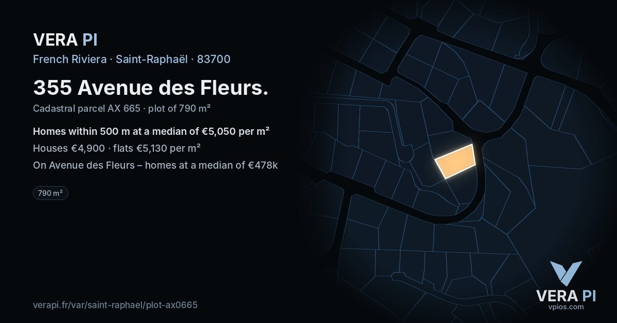 355 Avenue des Fleurs, Saint-Raphaël at night – the plot lit, the parcels around coloured by the prices near them