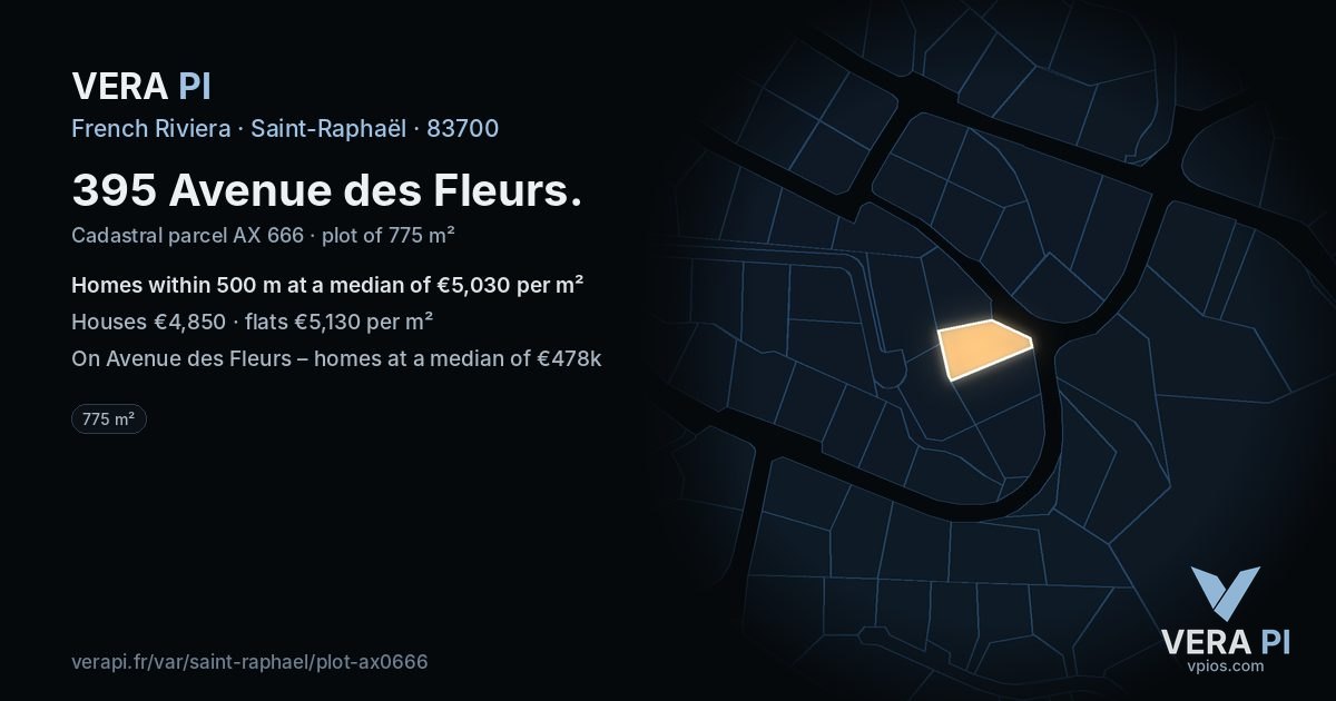 395 Avenue des Fleurs, Saint-Raphaël at night – the plot lit, the parcels around coloured by the prices near them