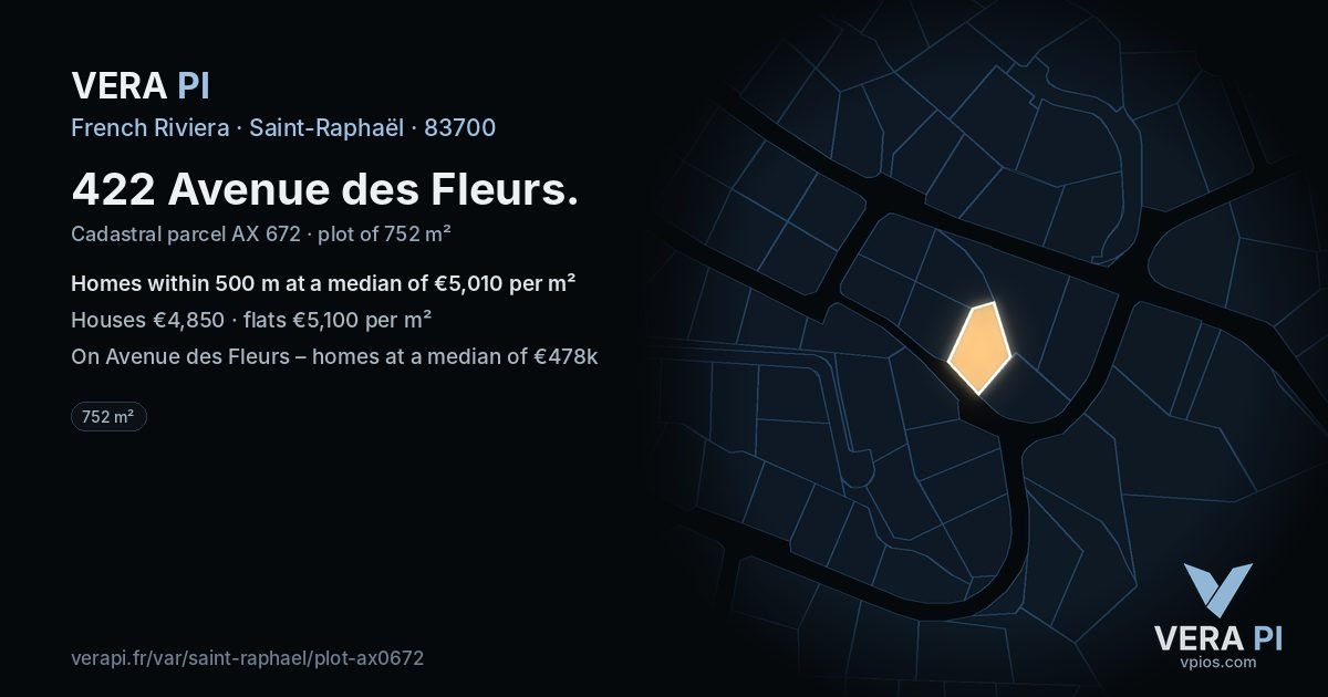422 Avenue des Fleurs, Saint-Raphaël at night – the plot lit, the parcels around coloured by the prices near them
