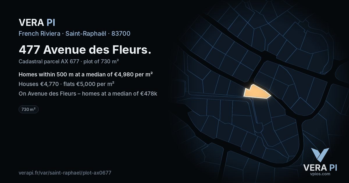 477 Avenue des Fleurs, Saint-Raphaël at night – the plot lit, the parcels around coloured by the prices near them