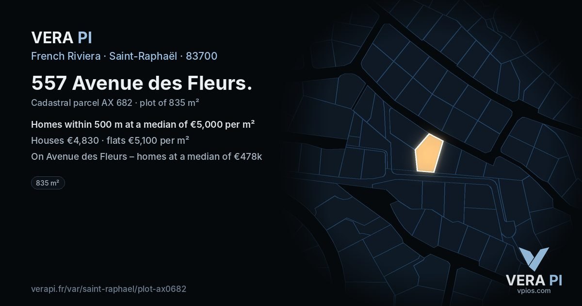 557 Avenue des Fleurs, Saint-Raphaël at night – the plot lit, the parcels around coloured by the prices near them