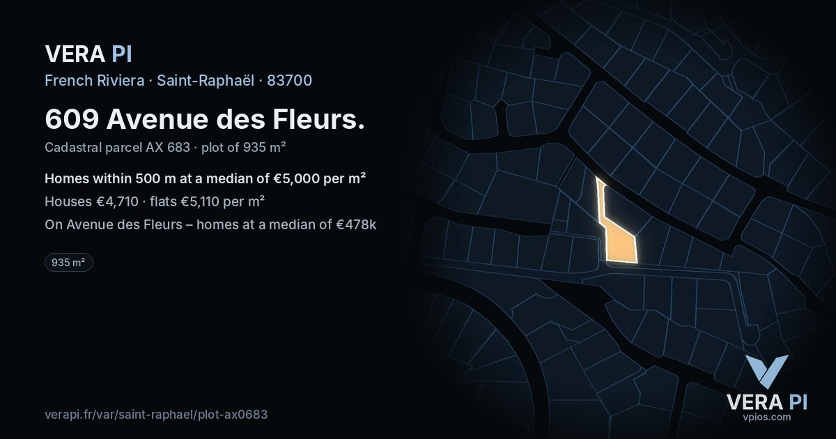 609 Avenue des Fleurs, Saint-Raphaël at night – the plot lit, the parcels around coloured by the prices near them