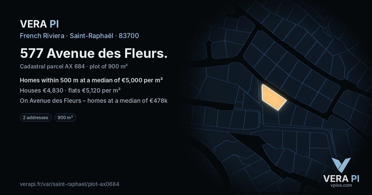 577 Avenue des Fleurs, Saint-Raphaël at night – the plot lit, the parcels around coloured by the prices near them